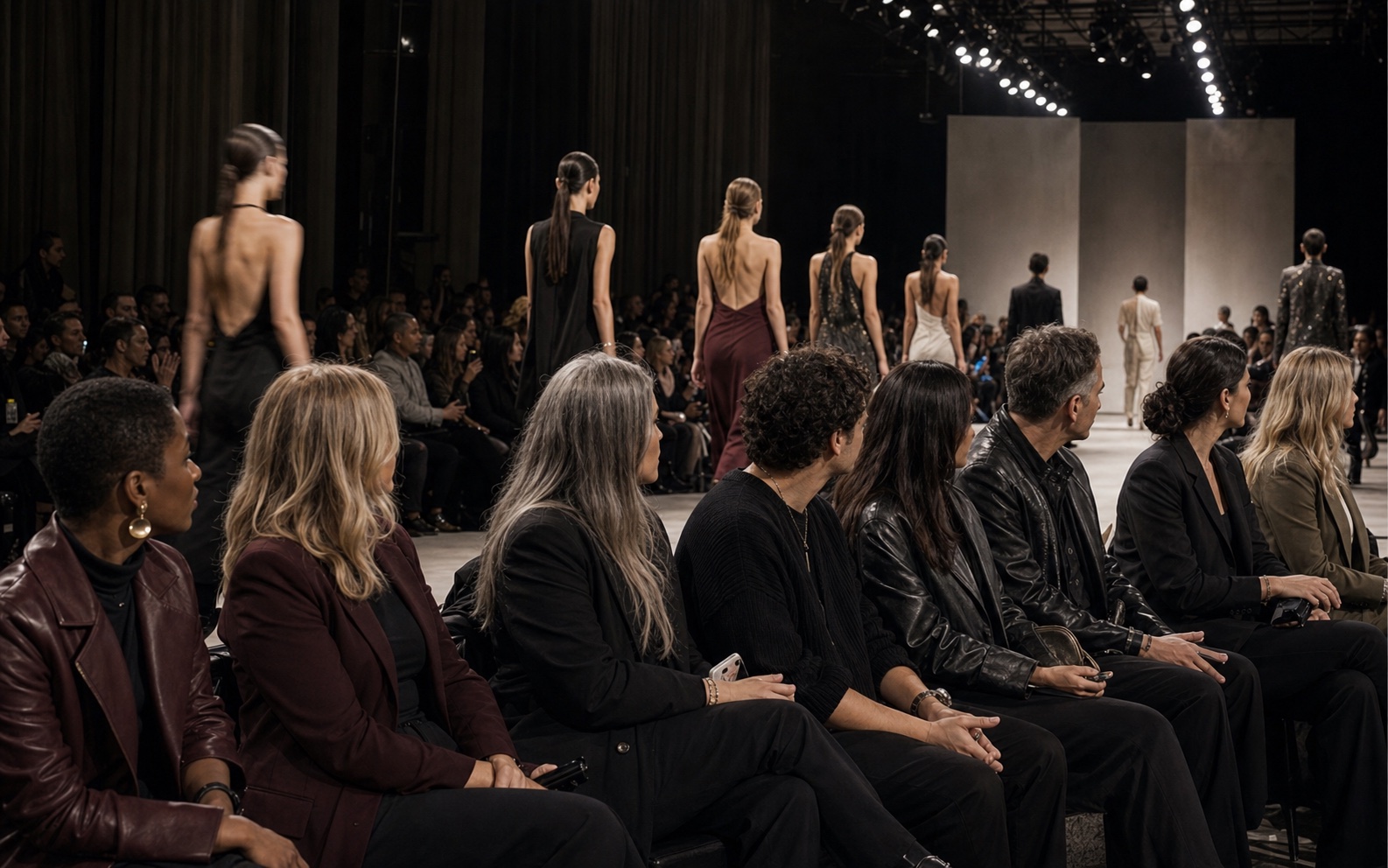 Convidadas em primeira fila durante um desfile de moda em Nova York