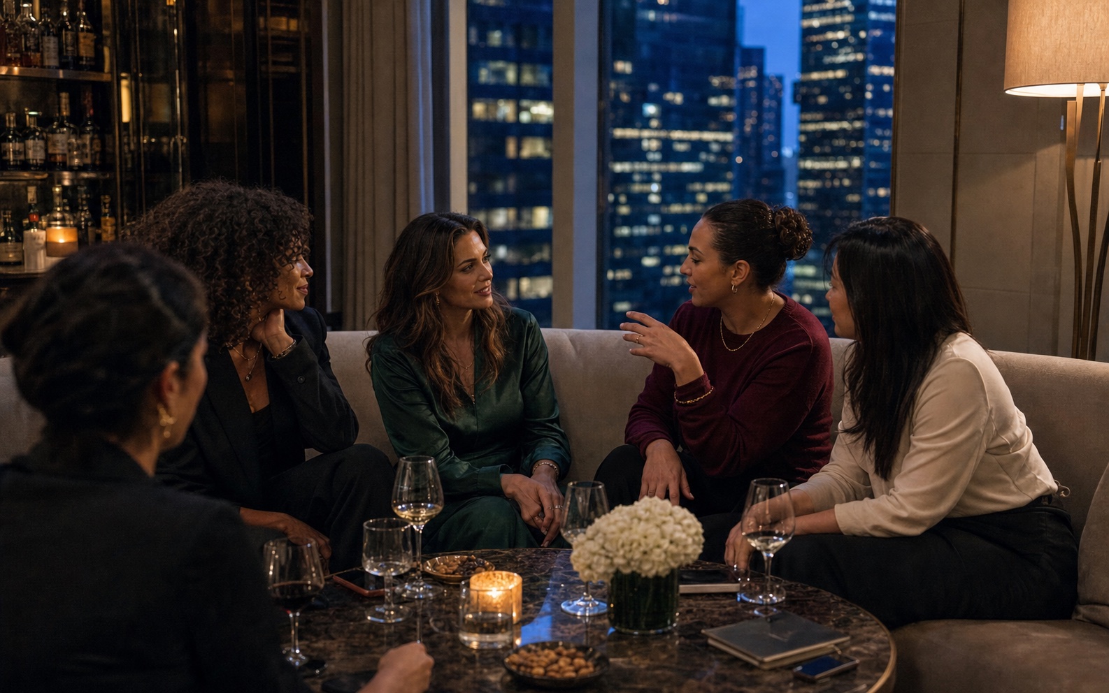 Grupo de mulheres em conversa durante experiência premium em hotel de Manhattan