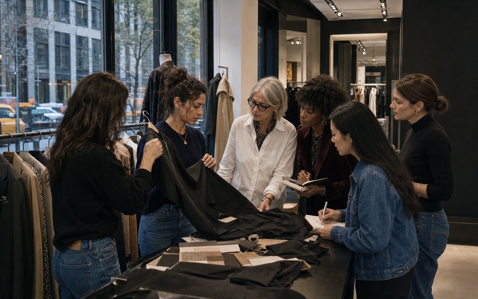 Mentora conduzindo uma curadoria estratégica de moda em boutique de luxo